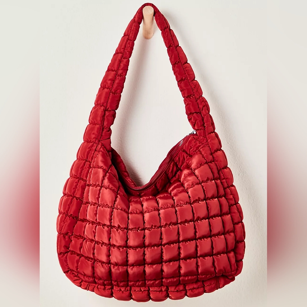 FP Movement Sour Cherry Red Quilted Carryall Tote Hobo Bag Free People Shoulder - Picture 2 of 9
